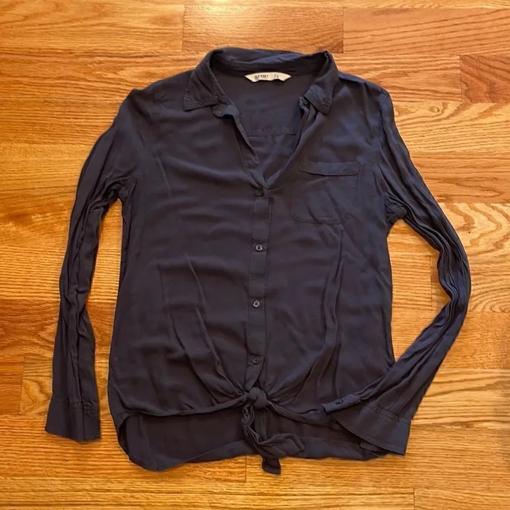 Old Navy Tie Front Button Down Blouse Grey Blue Small